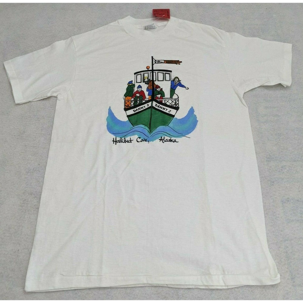 Halibut Cove Alaska T-Shirt Danny J Large Short Sleeve New Hand Painted Crewneck